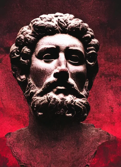 Image similar to elegant dark design poster showing a statue of marcus aurelius, black background with very subtle red and purple design elements, powerful, nekro, vito acconci, thin straight lines, dark, glitch art, neo vaporwave, gritty, layout frame, square, extremly detailed, trending on artstation