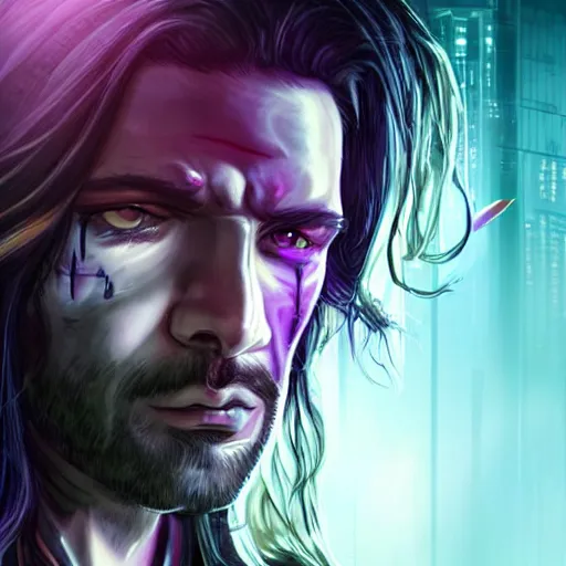 Image similar to long haired man with extremely large and intricate eye cyberpunk bionics with angry purple eyes and slim features looking askance,