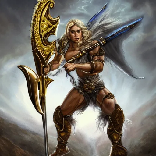 Image similar to a fantasy portrait of a giant golden axe weapon