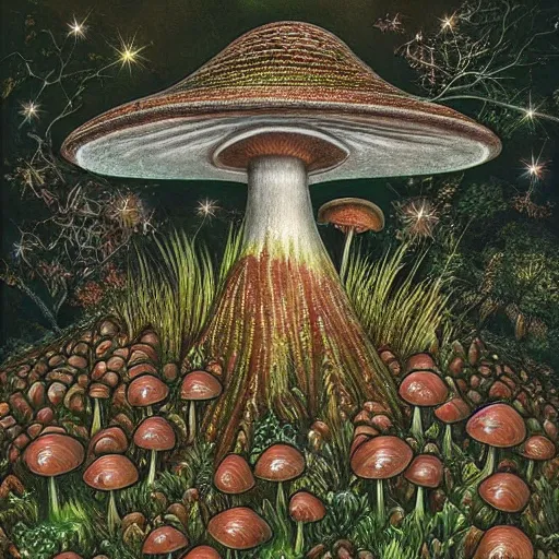 Image similar to abundant and elaborate visions once the mushroom gods come to roost