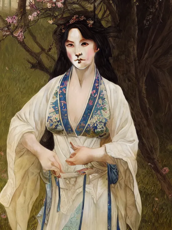 Image similar to portrait of a beautiful seductive slightly plump european girl wearing hanfu, farm background, fantasy, d & d, dark eyeliner, intricate, elegant, highly detailed, digital painting, artstation, concept art, matte, sharp focus, illustration, art by greg rutkowski and alphonse mucha