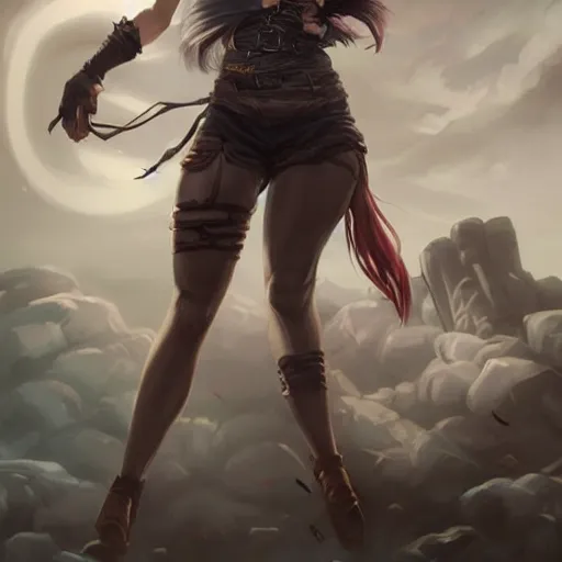 Image similar to a strong pirate woman in a sleeveless vest, angry, black lines running up her arms like veins, fighting, storm clouds in the background, long dark hair, character art, full body art, Dungeons and Dragons, D&D, trending on artstation, artgerm, 4k ultra hd, sharp focus, digital art by Ilya Kuvshinov and Ross Tran,