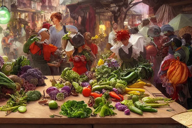 Image similar to vegetables parade on a cutting board in the kitchen, digital art, realistic, anthropomorphic, highly detailed, cinematic, matte painting, vivid colors, realistic, epic lighting, by greg rutkowski and artgerm and alphonse mucha