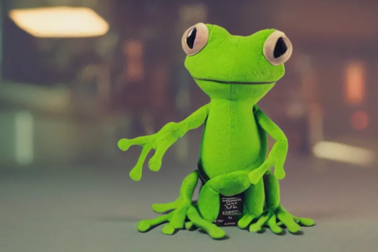 Prompt: frog plushie in cyberspace, in 2 0 5 5, y 2 k cybercore, industrial low - light photography, still from a ridley scott movie