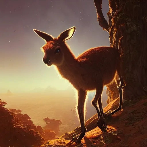 Image similar to Highly detailed portrait of Kangaroo wearing oakleys, Stephen Bliss, unreal engine, fantasy art by Greg Rutkowski, Loish, Rhads, ferdinand knab, Makoto Shinkai and Lois van baarle, ilya kuvshinov, rossdraws, Tom Bagshaw, alphonse mucha, global illumination, radiant light, detailed and intricate environment