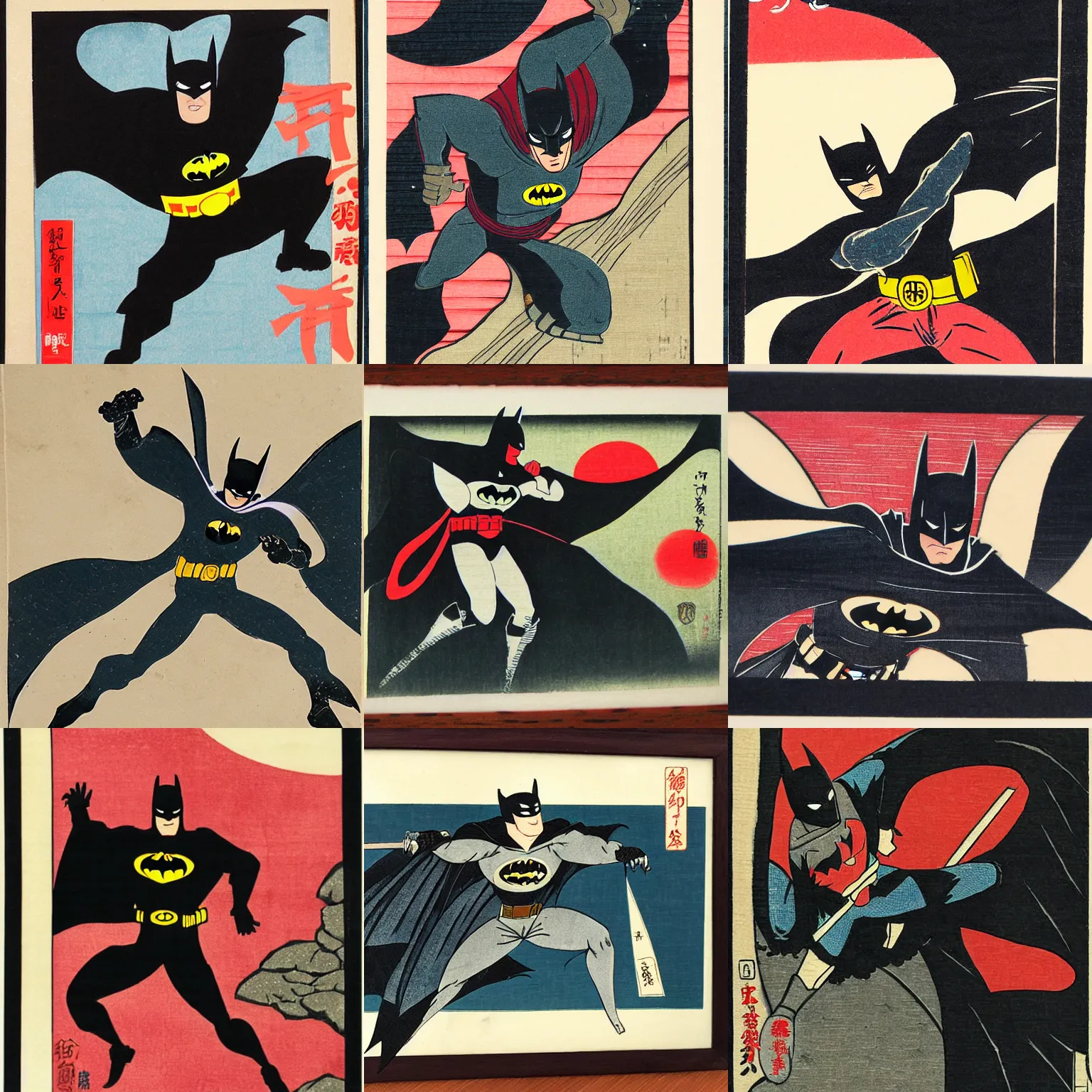 Prompt: Batman as a ninja, japanese woodblock print