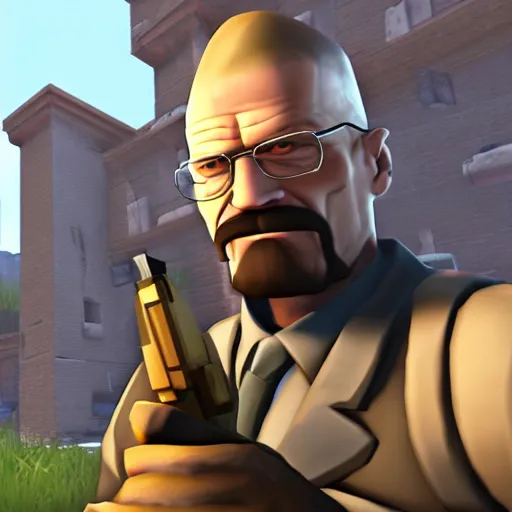 Image similar to screenshot of team fortress 2 gameplay with walter white, first person, highly detailed, highly intricate, 8 k,