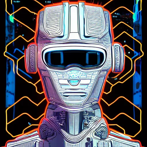 Prompt: hyperdetailed portrait of a spaced out cyberpunk robot head, 8 k, symetrical, halluzinogenic, meditative, vector art, black background