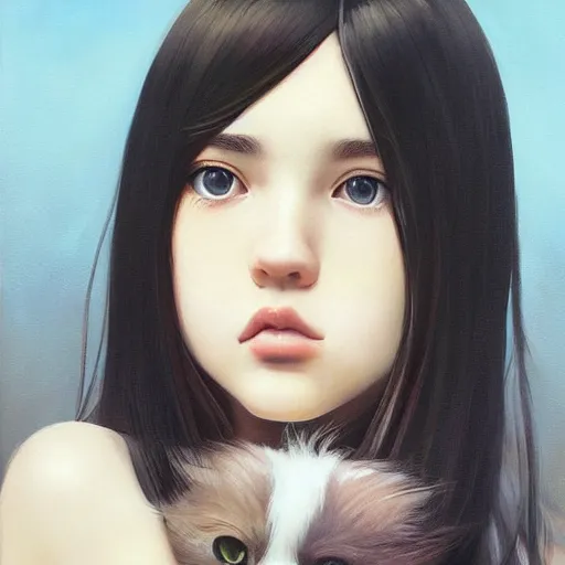 Image similar to a painting of cute innocent happy emo young adult, with long dark hair, thick eyebrows, dark eyes and dark circles wide nose, big eyes, oval face, big cheeks holding her cat, photorealistic painting by tran nguyen ilya kuvshinov and greg rutkowski featured on deviantart, detailed painting