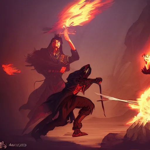 Prompt: a warlock is fighting a assassins with fire , medium level shot , epic scene, Mucha style , Grim fantasy, illustration ,concept art,