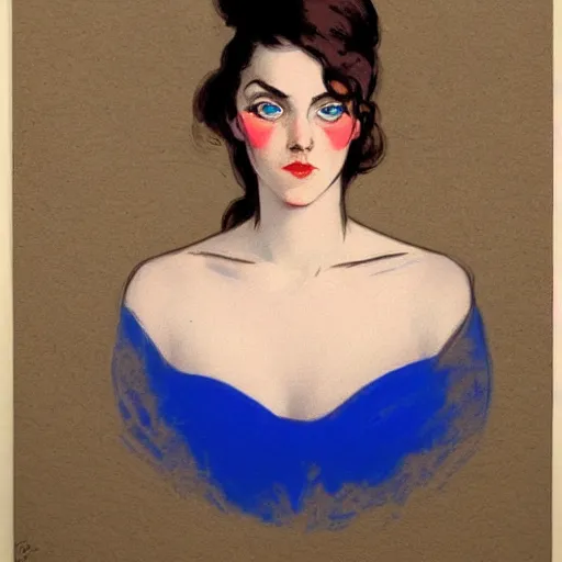 Image similar to a portrait of a beautiful woman in the style of charles dana gibson and in the style of peter mohrbacher. porcelain skin, big blue eyes.