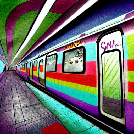 Image similar to a subway station with a graffiti painted subway train, dramatic light, award winning, concept art, art station, in the style of inio asano