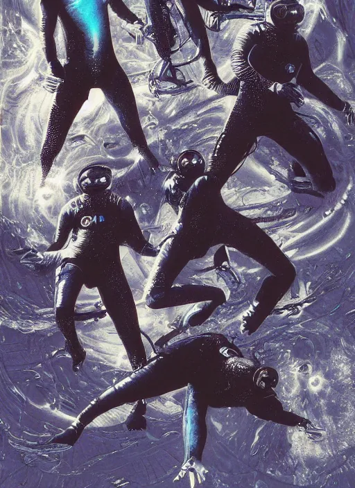 Image similar to astronauts divers in dark void underwater - complex and hyperdetailed technical suit design. reflection and dispersion materials. rays and dispersion of light. volumetric light. f / 3 2. noise film photo. flash photography. ultra realistic, 5 0 mm. poster by wayne barlowe, hajime sorayama aaron horkey, craig mullins