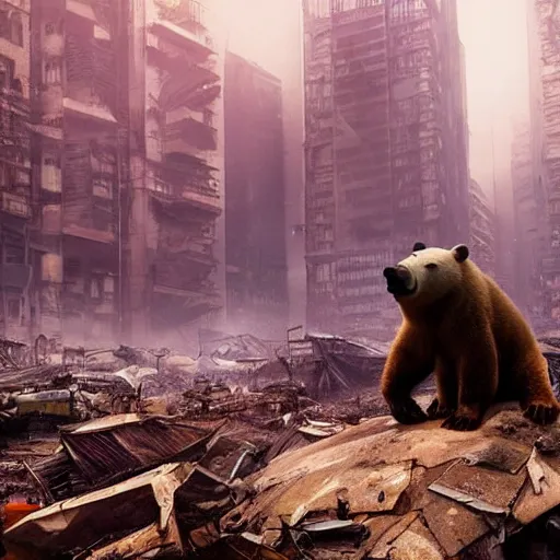 Prompt: pulitzer time magazine cover photo of a sad polarbear in a junglepunk setting. intricate eyes, duckface instagram pose. extremely detailed polarbear, junglepunk dystopian city rubble and smoke in the background. trending on artstation, octane render, 8 k