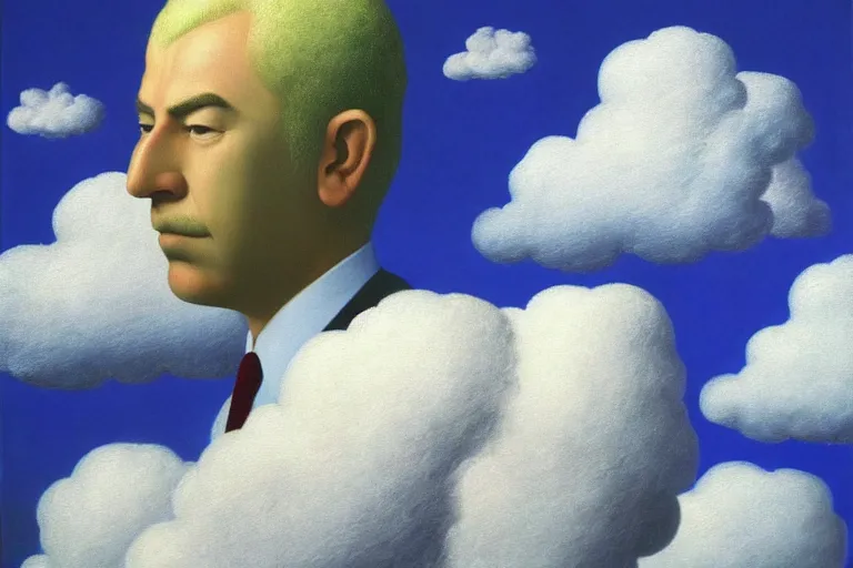 Image similar to portrait of cloud man by rene magritte, detailed painting, hd, hq, high resolution, high detail, 4 k, 8 k