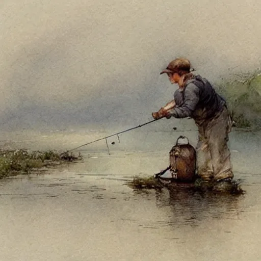 Image similar to ( ( ( ( ( fishing in a river, clear water. muted colors. ) ) ) ) ) by jean - baptiste monge!!!!!!!!!!!!!!!!!!!!!!!!!!!