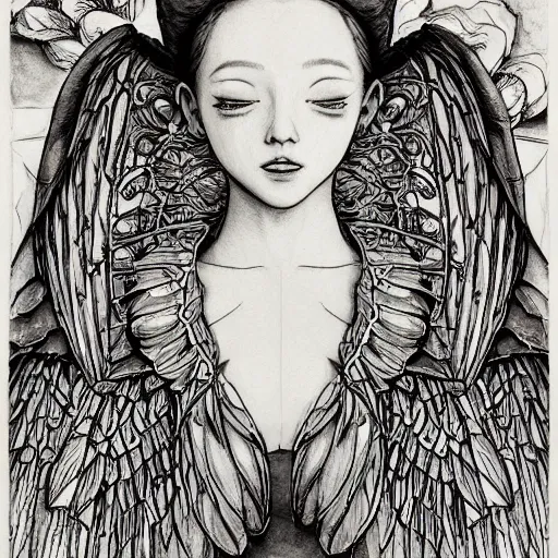 Image similar to portrait of a fairy girl, wearing a hoodie and sweatpants, symmetrical wings, wings made of pizza, basic white background, symmetrical, watercolor, pen and ink, intricate line drawings, by Yoshitaka Amano, Ruan Jia, Kentaro Miura, Artgerm, detailed, trending on artstation, hd, masterpiece,