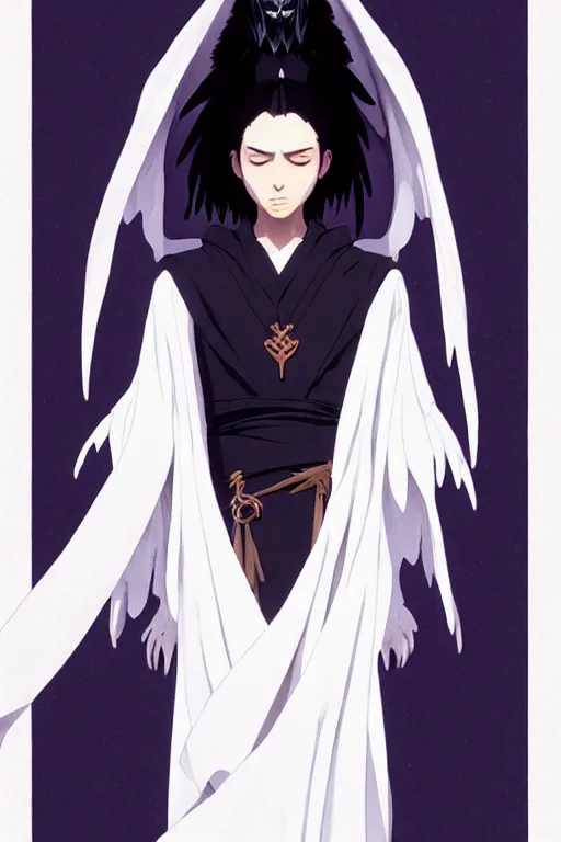 Image similar to raven headed warlock doing magic spells wind, white robes, finely detailed perfect face, exquisite details, mid view, design on a white background, by studio muti, greg rutkowski makoto shinkai takashi takeuchi studio ghibli