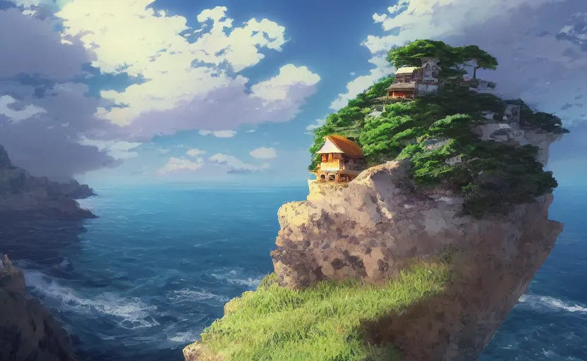 Prompt: a house on a cliff over an ocean, one small boat, dangerous cliffside, trees. matte painting, Makoto Shinkai, anime, trending on ArtStation, digital art.