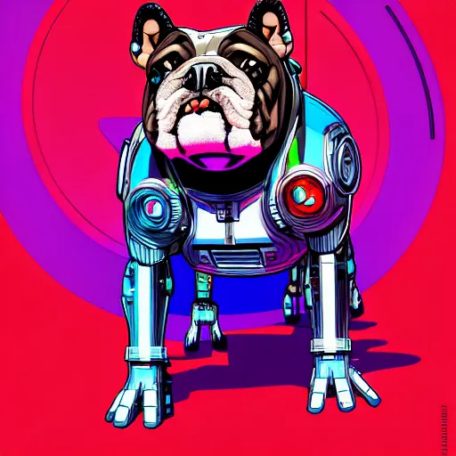 Image similar to « a comic styled cyborg bulldog sitting down, cyberpunk digital art by greg rutkowsky, illustration, colourful, sharp focus, highly detailed, future tech, sketchfab »