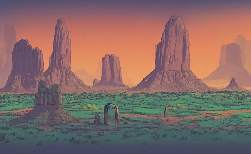 Image similar to a cell - shaded studio ghibli concept art from paprika ( 2 0 0 6 ) of a multi - colored spaceship from close encounters of the third kind ( 1 9 7 7 ) in a lush temple that looks like monument valley stonehenge jungle. a caravan is in the foreground. very dull colors, portal, hd, 4 k, hq