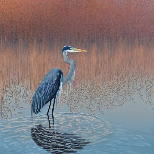 Image similar to a majestic blue heron in shallow river, waterfalls in distance, left border beautiful willow, right border cherry blosom trees, lily pads bullrushes marsh clouds, golden hour intricate by mcquarrie martin lagerstadt, digital art, highly detailed, artstation