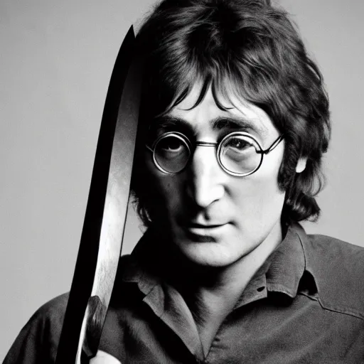 Image similar to john lennon holding a head and a machete, photography, high quality, 8 k,