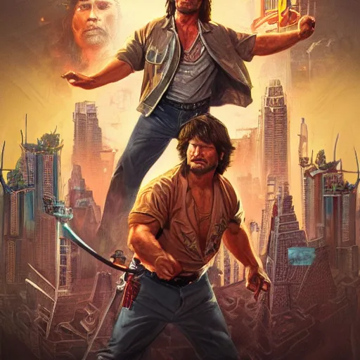 Image similar to big trouble in little china, movie poster, kurt russel, intricate, detailed, volumetric lighting, scenery, digital painting, highly detailed, artstation, sharp focus, illustration, artstation, art by artgerm and greg rutkowski and alphonse mucha