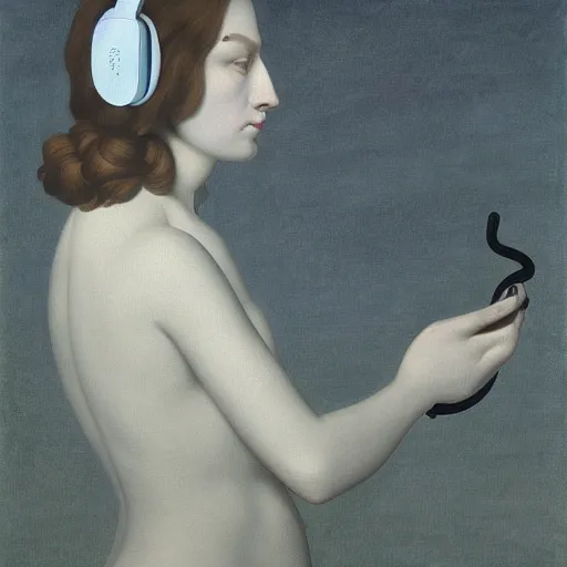 Image similar to a demon listening to headphones by Raphael, Hopper, and Rene Magritte. detailed, romantic, enchanting, trending on artstation.