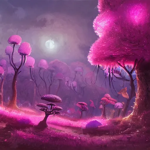 Image similar to concept art painting of a fantasy alien fungal landscape at night, magenta trees, glowing blue mushrooms, village of houses made of mushrooms, dark purple sky, realistic, detailed, cel shaded, in the style of makoto shinkai and greg rutkowski and albert bierstadt and james gurney