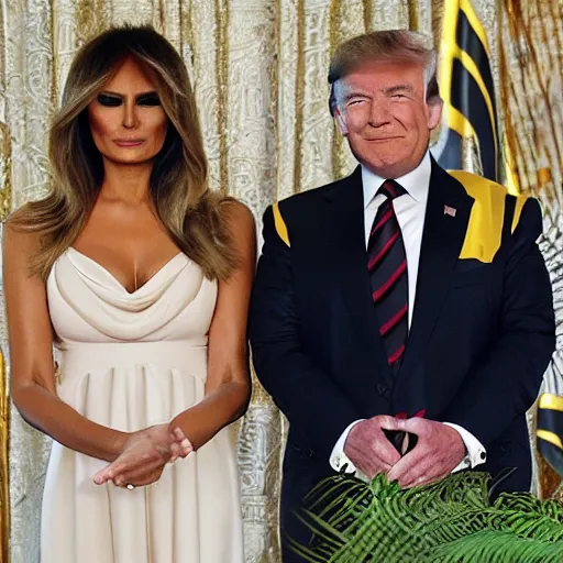 Prompt: donald and melania trump as egyptian king and queen, elegant, majestic, powerful, pyramids, anunaki, hieroglyphs, lush, rainforest, river, green, river god, wilbur smith, gold, trump tower