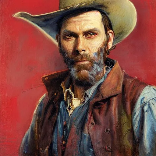 Image similar to Solomon Joseph Solomon and Richard Schmid and Jeremy Lipking victorian genre painting portrait painting of Hank Williams Sr a rugged cowboy gunfighter old west character in fantasy costume, red background