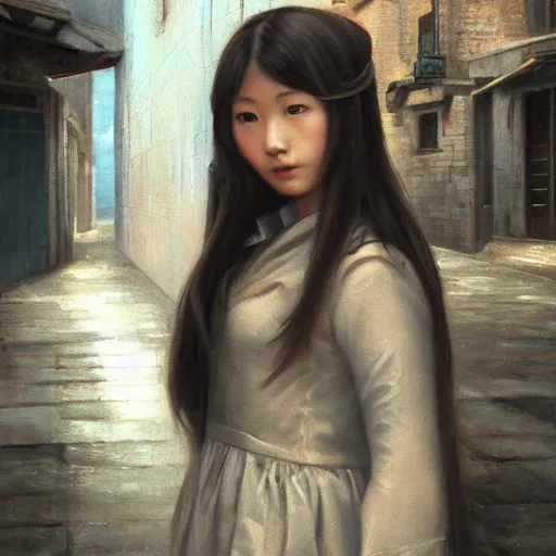 Prompt: a perfect, realistic professional oil painting in Italian renaissance style, of a Japanese schoolgirl posing in a dystopian alleyway, close-up, by a professional American senior artist on ArtStation, a high-quality hollywood-style concept