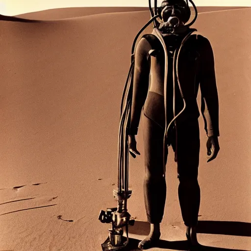 Prompt: a man wearing an old diving suit, in the desert, arriflex 35