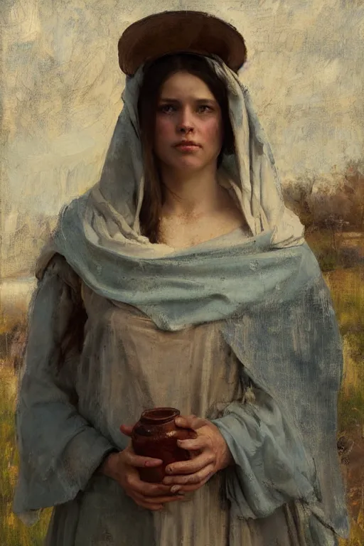 Image similar to Richard Schmid and Jeremy Lipking and Antonio Rotta full length portrait painting of a young beautiful traditonal bible character Mary Magdalene woman