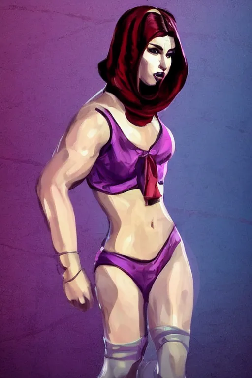 Prompt: arabian wrestling woman, cleanest posse, cleanest image without duplication, justify, concep art, parallel, hyperrealistic anatomy body content, violet polsangi pop art, gta chinatown wars art style, sharp focus, bioshock infinite art style, incrinate, dynamic stretching, rgba color, white frame, content balance proportion