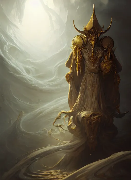 Image similar to slender high priest with dark and white and robe with golden elements, subsurface scattering, by jesper ejsing, justin gerard, tomasz alen kopera, cgsociety and fenghua zhong, highly detailed, rim light, cinematic lighting, illustration, art, octane render, very coherent, cinematic, hyper realism, high detail, octane render, 8 k