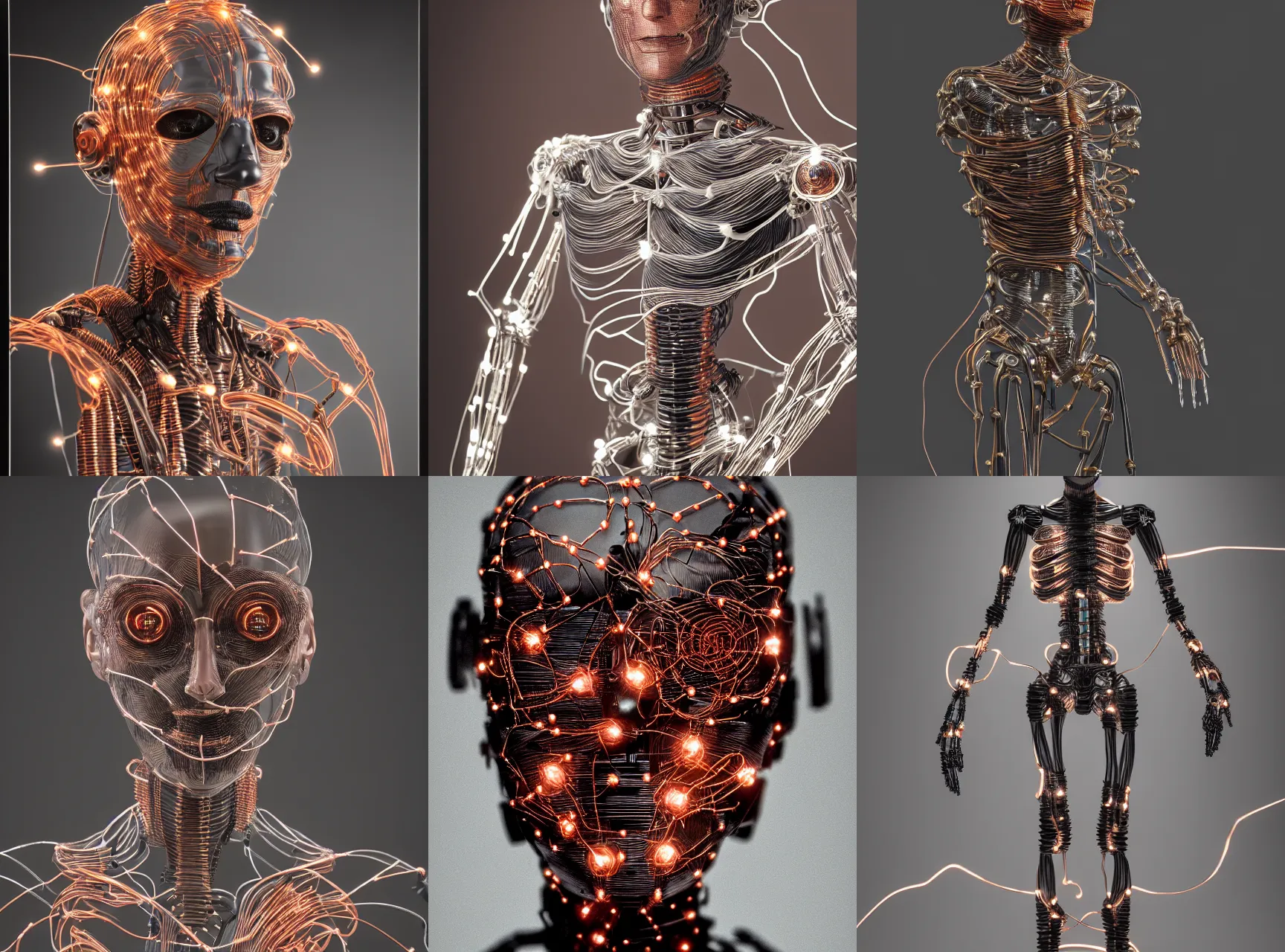 Prompt: photorealistic hyperdetailed portrait of an automaton made of translucent plastic and black carbonfiber, underlying copper wires and tiny steel gears, aluminum skeleton, leds spread evenly under the skin, octane render pbr, polaroid filter, long focal, low angle, focus on the face