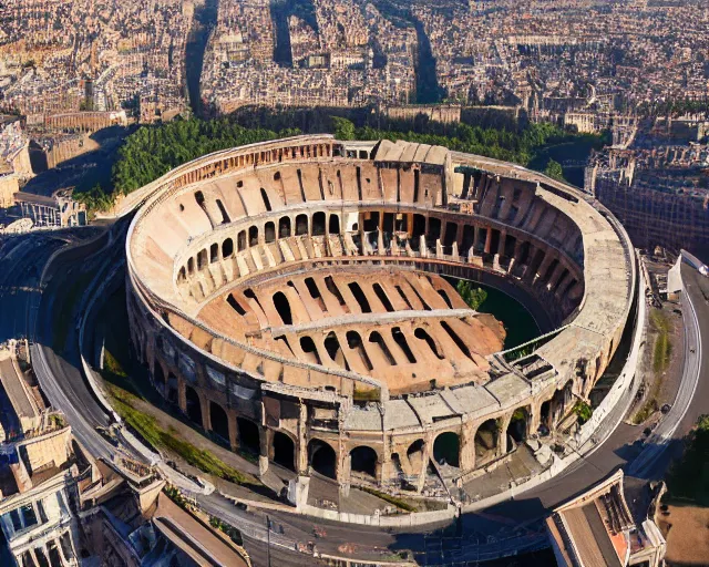 Image similar to A full shot of the roman colosseum redesigned by zaha hadid, overhead view, golden hour, 4K Photograph