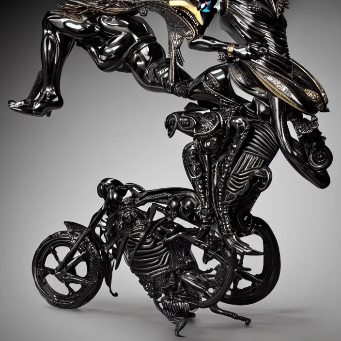 Image similar to fine art statue of masculine black egyptian god on a surrealist motorcycle, ebony art deco, carved black marble, inlaid with ebony and gold accents, ebony rococo, wings black lace wear, sculpted by spider zero, zaha hadid, beautifully lit, hyper detailed, intricate, elite, ornate, photorealistic, micro details, 3 d sculpture, ray trace