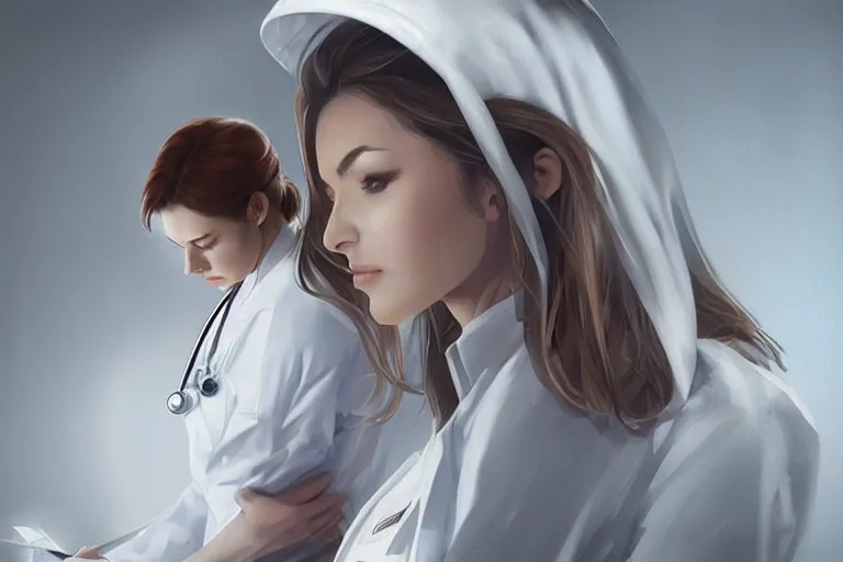 Prompt: a poster of emergency room, an elegant and beautiful female doctor in a white coat in a hospital ward, cinematic, highly detailed, digital painting, artstation, concept art, matte, sharp focus, illustration, art by artgerm and greg rutkowski
