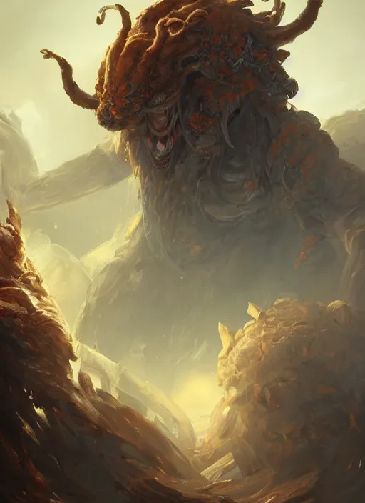 Image similar to a highly detailed illustration of worn down colossal bronze giant, with big orange glowing eyes, gentle calm doting pose, intricate, elegant, highly detailed, centered, digital painting, artstation, concept art, smooth, sharp focus, league of legends concept art, WLOP