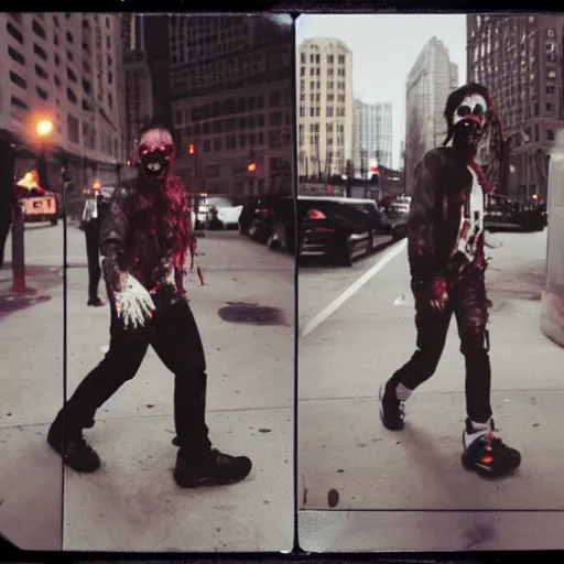 Prompt: a zombie walking through chicago wearing streetwear, polaroid photograph