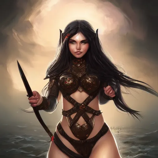 Image similar to warrior girl in bikini armor, long black hair, gorgeous round face, amazing, elegant, intricate, highly detailed, digital painting, artstation, concept art, sharp focus, illustration, art by ross tran