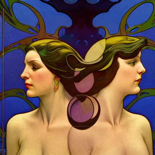 Prompt: a streamline moderne painting in the style of gerald brom, and in the style of maxfield parrish, and in the style of alphonse mucha. symmetry, smooth, sharp focus, semi - realism, intricate detail.