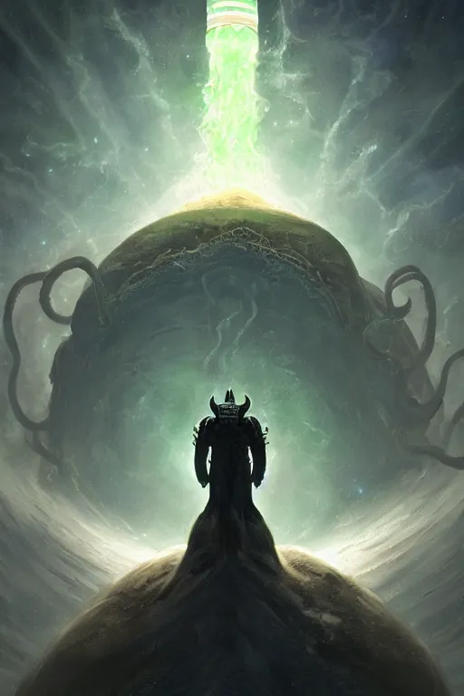 Image similar to cthulhu in space looking at earth, larger than earth, huge, towering, gigantic, high octane, 8 k, digital art, magic the gathering, mtg, by greg rutkowski, trending on artstation