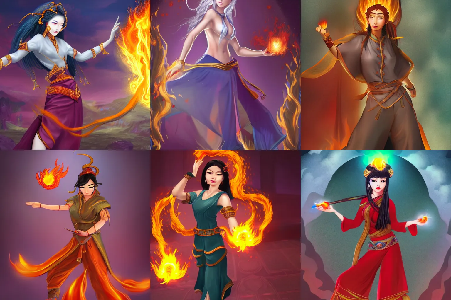 Prompt: asian sorceress wearing culottes, casting fireball, award winning digital 2d fantasy art