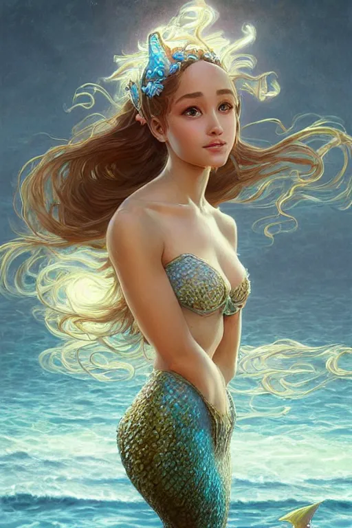 Prompt: beautiful cottagecore Ariana Grande, mermaid kingdom, beautiful Hair, magical beach, intricate, elegant, highly detailed, digital painting, artstation, concept art, smooth, sharp, focus, illustration, art by artgerm and greg rutkowski and alphonse mucha