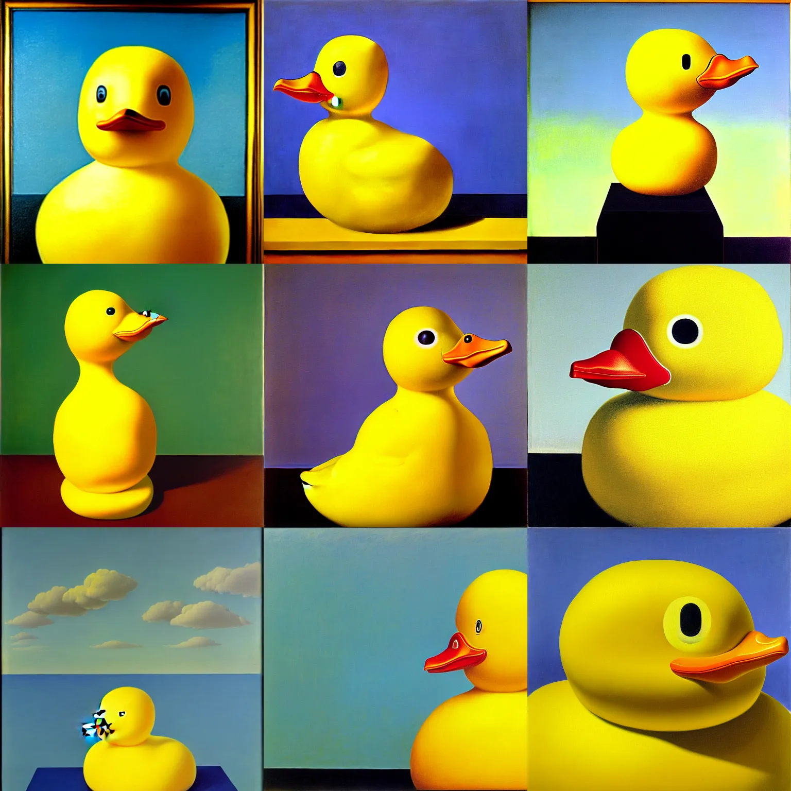 Image similar to portrait of a yellow rubber duck by rene magritte, oil on canvas.