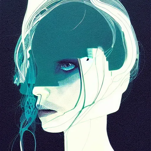 Prompt: portrait soft light, by killian eng and conrad roset, inspired by ghost in the shell anime, etching, fine, sharp high detail, screen print,